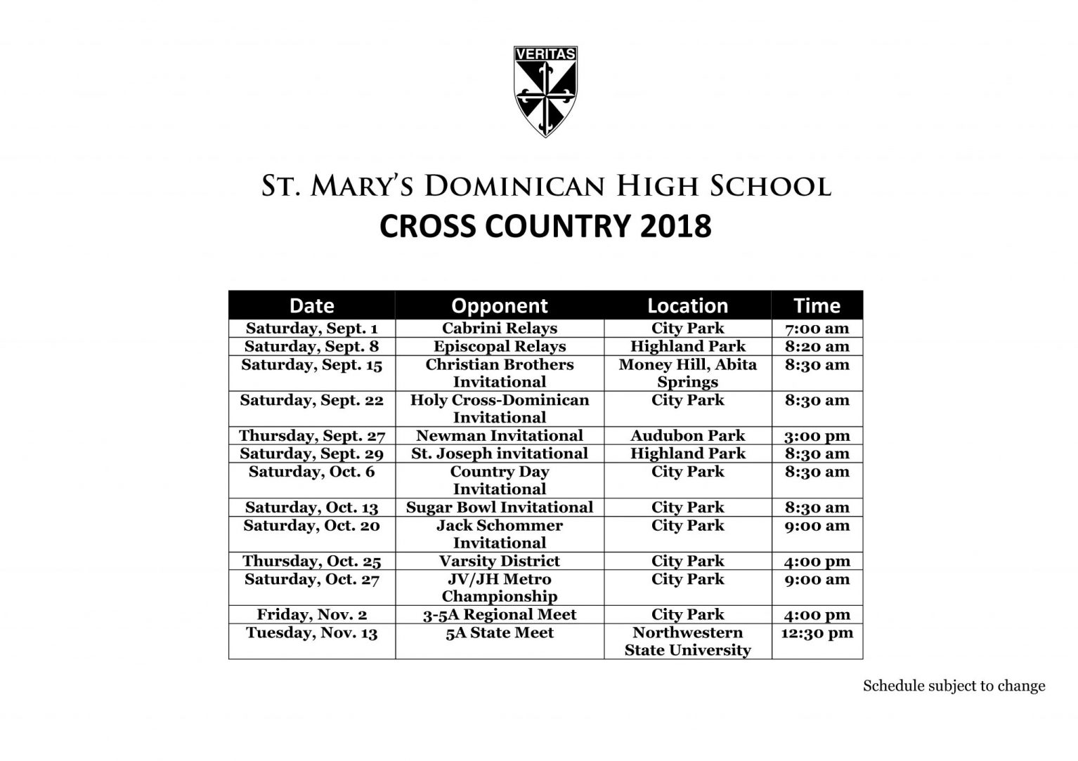 2018 Cross Country Schedule St. Mary's Dominican High School