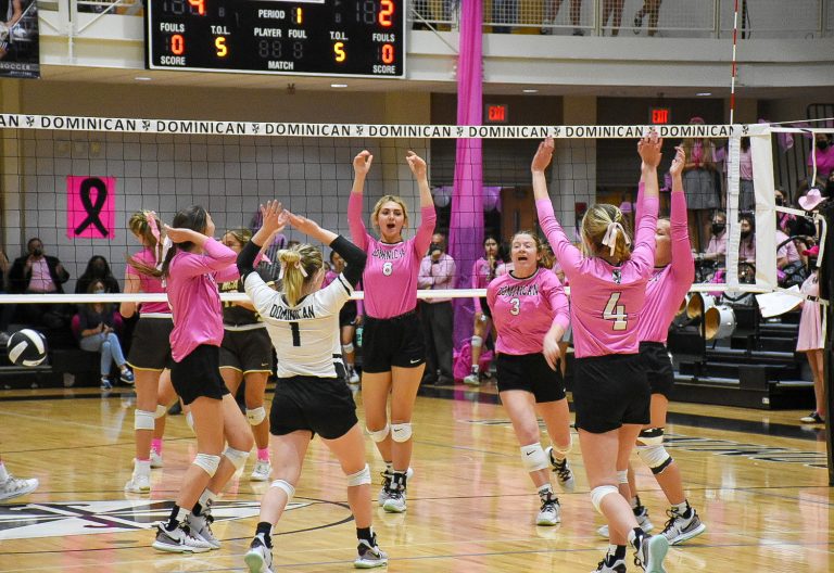 Dominican's Volleyball Teams played Mt. Carmel Academy in the annual Paint the Pitt Pink Volleyball games.