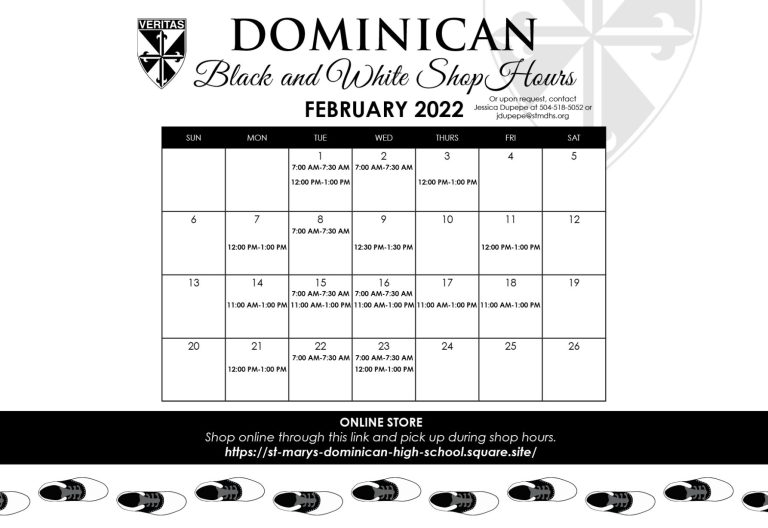 Dominican Black and White Shop Calendar for February 2022