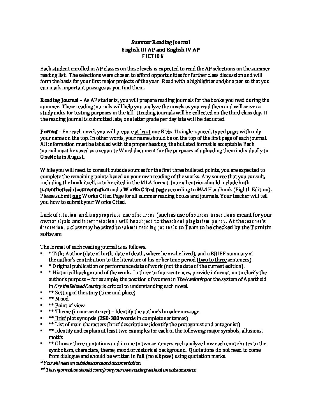 English III and IV AP SR Fiction Assignment 22 - St. Mary&rsquo;s 